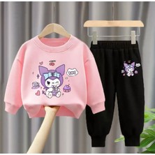 Kids Face Özel Tasarım Kuromi Party Zamanı Baskılı Şardonlu Kışlık Kız Çocuk Eşofman Takımı