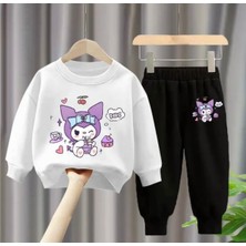 Kids Face Özel Tasarım Kuromi Party Zamanı Baskılı Şardonlu Kışlık Kız Çocuk Eşofman Takımı