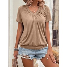 Kadın Kısa Kollu V Yakalı Büzgü Detaylı Viskon Bluz