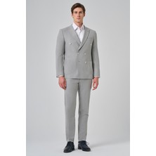  Erkek Gri Poliviskon Trend Çizgili Slim Fit Sivri Yaka Kruvaze Takım Elbise