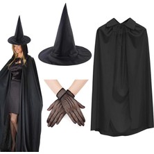 120 cm Siyah Yakalı Cadı Pelerini Cadı Şapkası ve 1 Çift Siyah Kısa File Tüm Eldiven Seti 3 Parça