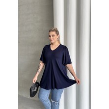 Büyük Beden V Yaka Desensiz Asimetrik Kesim Likralı Bluz Mdl-6