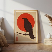 Japon Kuşu : Minimalist Karga Silüeti, Kırmızı Güneş Sanat Eseri (