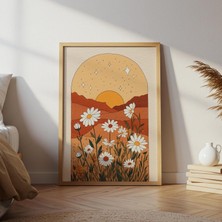 Gün Batımı Papatya Tarlası Duvar Sanatı, Beyaz Papatyalı Sıcak Tonlu Kır Çiçeği Poster, Bohem Duvar Sanatı