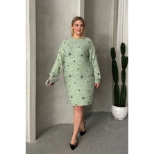 Büyük Beden Uzun Kollu Bisiklet Yaka Yıldız Desenli Esnek Elbise 84-158