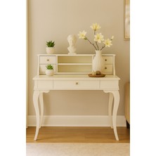 Wooding Mobilya 110 cm 5 Çekmeceli Masif Krem Raflı Çalışma Masası