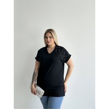 Stil Diva Büyük Beden Kadın Kısa Kollu V Yaka Basic T-Shirt Siyah Boncuklu Günlük Stil Rft-04