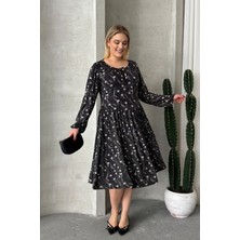 Büyük Beden Uzun Kollu Yakası Bağlama Detaylı Desenli Elbise 100-73