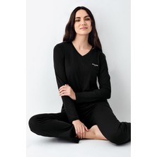 Pierre Cardin Kadın V Yaka Modal Pamuklu 4 Mevsim Kumaş Uzun Kollu Pijama Takım