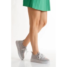 Kadın Gümüş Işıltı Taşlı Yüksek Platform Tabanlı Sneaker