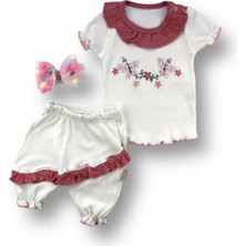 6-9 9-12 12-18 Ay Çiçek Nakışlı Roman Şalvar Bandanalı Kısa Kollu Sweat 3lü Kız Bebek Takımı Nar Çiçeği