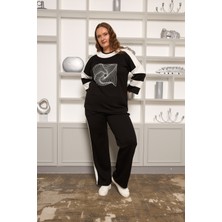 Şerit Detaylı Büyük Beden Eşofman Takımı Siyah