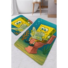Modern Turkuaz Banyo ve Tuvalet Paspası, Gazete Okuyan Sünger Bob Motifi