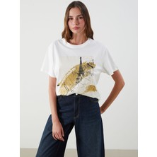 Lc Waikiki Yeni Sezon Bisiklet Yaka Baskılı Kadın Tişört