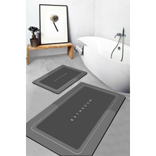 Şık Antrasit Desenli Banyo Halısı Takımı, Kaymaz Taban, Yıkanabilir, 2'li Set