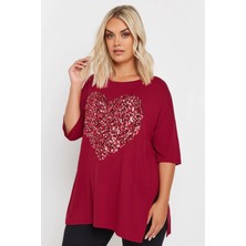 Büyük Beden Bisiklet Yaka Yarım Kollu Payet Süslemeli Yırtmaçlı Bluz 303544