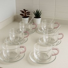 6'lı Borosilikat Cam Tabaklı ve Kaşıklı Sof Elegance Çay ve Kahve Kupası 330 ml
