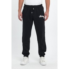 Stüssy Baskılı Regular Kışlık 3 Iplik Şardonlu Beli ve Paçası Lastikli Siyah Jogger Eşofman Altı
