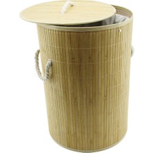 Yuvarlak Bambu Ahşap Kirli Çamaşır Sepeti 35X60CM Seyyar Kapaklı Içi Bezli Ip Kulplu (4887)