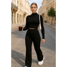 The Kethen Kadın Uzun Kollu Balıkçı Yaka Krop ve Pantolon Şardonlu Kaşkorse Ikili Takım