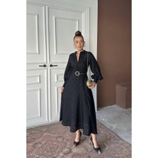 The Kethen Siyah Kemer Detaylı Uzun Elbise