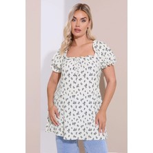 Büyük Beden Çiçek Desenli Bürümcük Kumaş Kare Yaka Kolları Fırfırlı Bluz 322661