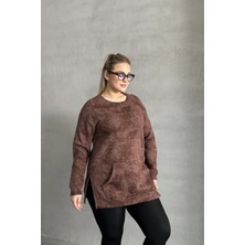 Büyük Beden Uzun Kollu Bisiklet Yaka Önü Cepli Desenli Sweatshirt 106-79