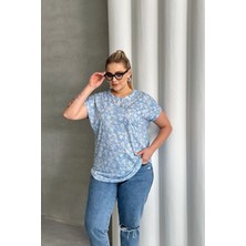 Büyük Beden Kısa Kollu Çentik V Yaka Desenli Bluz 97-79