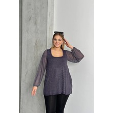 Büyük Beden Uzun Tül Kol Önü Taş Işlemeli Bisiklet Yaka Bluz 321850-U