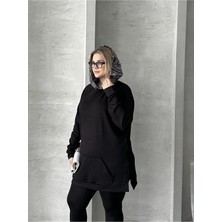 Stil Diva Kadın Büyük Beden Uzun Kollu Kapüşonlu Siyah Sweatshirt 300372 Yırtmaçlı Tasarım