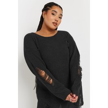 Stil Diva Büyük Beden Kadın Yırtık Detaylı Uzun Kollu Bisiklet Yaka Triko Kazak 303582