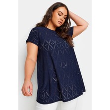 Büyük Beden Bisiklet Yaka Kısa Kollu Dantelli Astarsız Bluz 303264