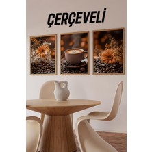 ☕ Çiçekli Kahve Keyfi – Ahşap Çerçeveli 3'lü Mdf Tablo Seti (23X32 | 32X42 | 42X62 cm ) CRV1017 23 x 32