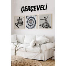 Bohem Tarz Çizgili Dansçı Saatli Tablo Seti – 3’lü Duvar Dekoru 23 x 23