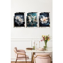 Kelebekler ve Çiçekler 3'lü Tablo Pileksi Kenar 21X30 30 cm