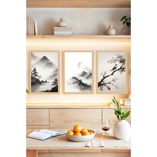🌿 Doğanın Fısıltısı: Siyah Beyaz Mürekkep Sanatıyla 3’lü Tablo Seti 🌕🌟 CRVS1105 13 x 17