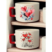 Renkli Kalpler Baskılı 2'li Kahve Fincanı Seramik Kupa - Öğretmenler Günü Hediyesi, Öğretmene Hediye