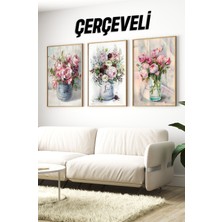 Ahşap Çerçeveli Mdf Tablo Seti Salon ve Oturma Odası Için Çiçekler ÇT3070 23 x 32 Çok Renkli