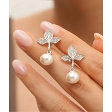 925 Ayar  Rodyum  Kaplama  Zirkon  Taşlı Yaprak Model  Gümüş  Inci  Küpe