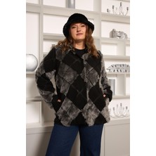 Geometrik Peluş Büyük Beden Kapşonlu Ceket Siyah