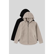 Tommy Life Rahat Form Kapüşonlu 2li Paket Siyah-Koyu Bej Kadın Polar Sweatshirt - 97233