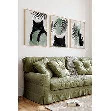 🌿 Yeşil Arka Planlı Siyah Kediler 3’lü Çerçeveli Tablo Seti 🏞️ CRV1036 23 x 32