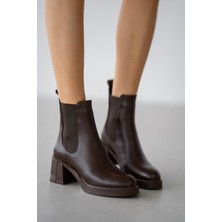 Caen Hakiki Deri Lastikli Kadın Bot- Kahverengi