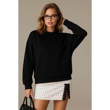 Fashion Friends Oversize Bisiklet Yaka Siyah Kadın Sweatshirt 25K0141K1
