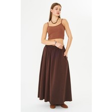 Gabardin Uzun Kloş Etek Kahve