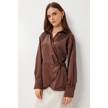 Gömlek Yaka Anvelop Saten Yüzeyli Bluz LAN0079 Kahverengi