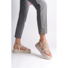 Rıley Ince Tokalı Taşlı Şeritli Ortopedik Taban Kadın Sandalet  Ckt - Krem