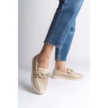 Layla Bağcıksız Ortopedik Rahat Taban Çiçek Desenli Kadın Babet Ayakkabı Ckt - Krem