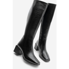 Marjin Kadın Küt Burun Fermuarlı Kalın Topuklu Çizme Lusso Siyah