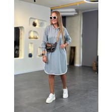 Kadın Uzun Kollu Kapüşon ve Ribana Detay Diz Üstü Elbise